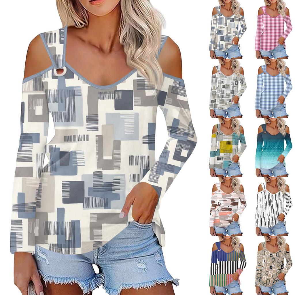 Women's Casual Shirt Blouse Print V-neck Sexy Cold Shoulder Long Sleeve Top