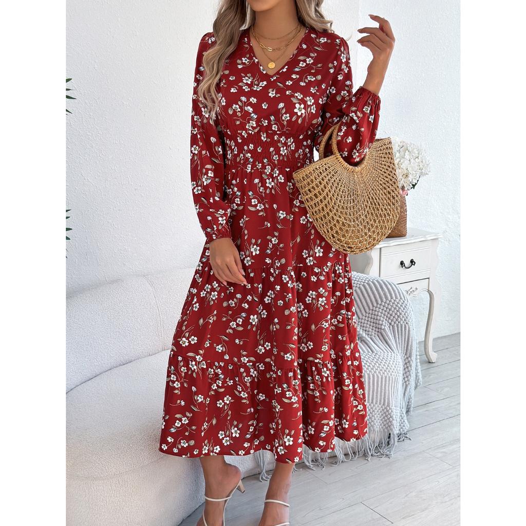 QICED Элегантный V-образный вырез, Длинные рукава, Приталенный силуэт, Юбка А-силуэта с оборками Женская одежда для осени и зимы