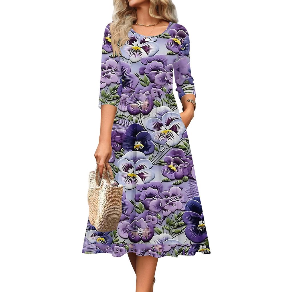 3/4 Sleeve Women's Dress Casual Flowy A-Line Midi Tshirt Dresses With Pockets Crewneck Vocation Boho Beach Sundress