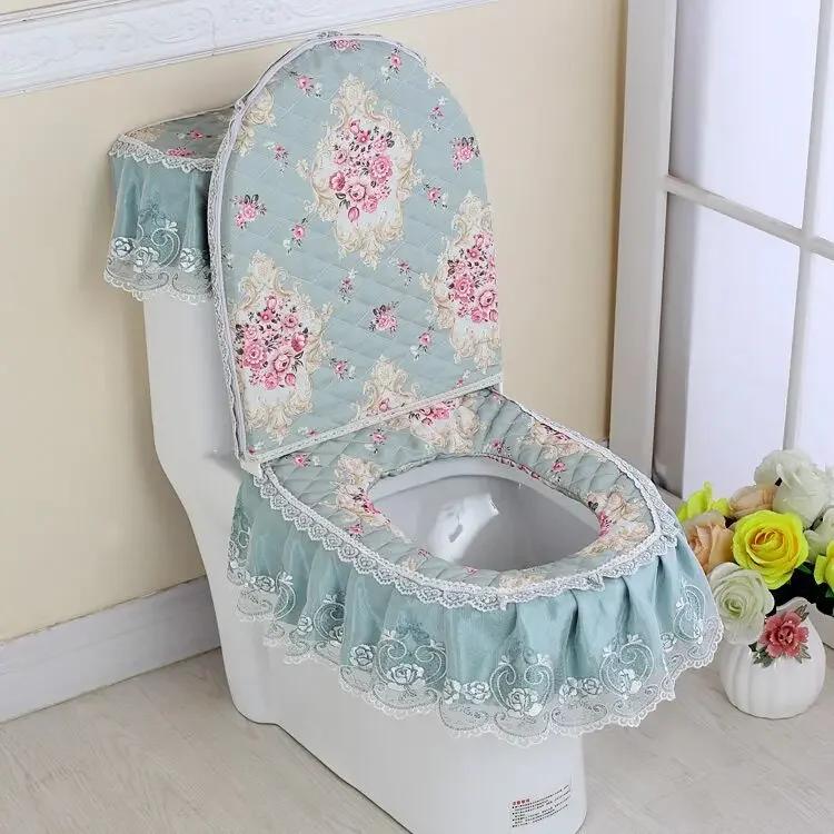 Декор из кружевной ткани с принтом Коврик для унитаза из трех частей Большая юбка Подол Чехол на сиденье для унитаза с молнией Пылезащитный чехол для унитаза
