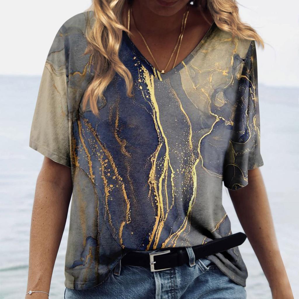 Women's Fashion Casual Printed V-Neck Short Sleeve Top Blouse