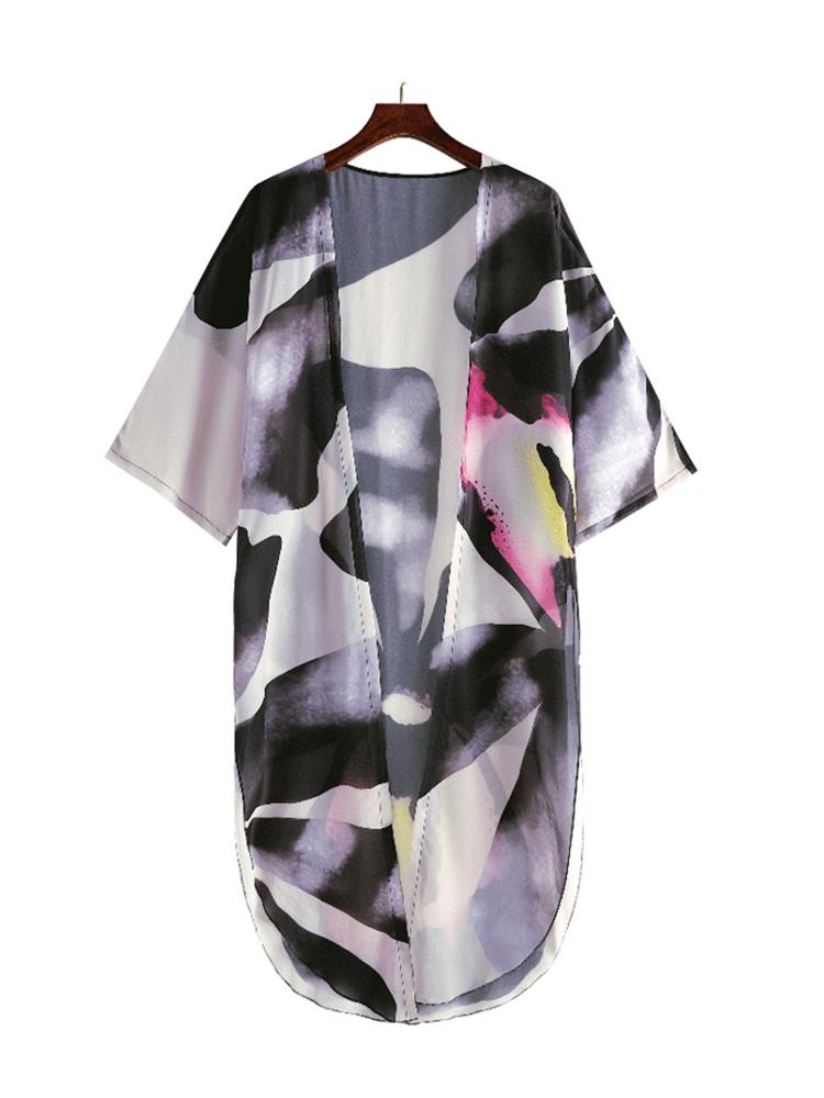 2024 Black Kaftan Boho Printed Chiffon Bikini Cover-ups Summer Beach Wear Kimono Dress Women Summer Swimsuit Cover Up