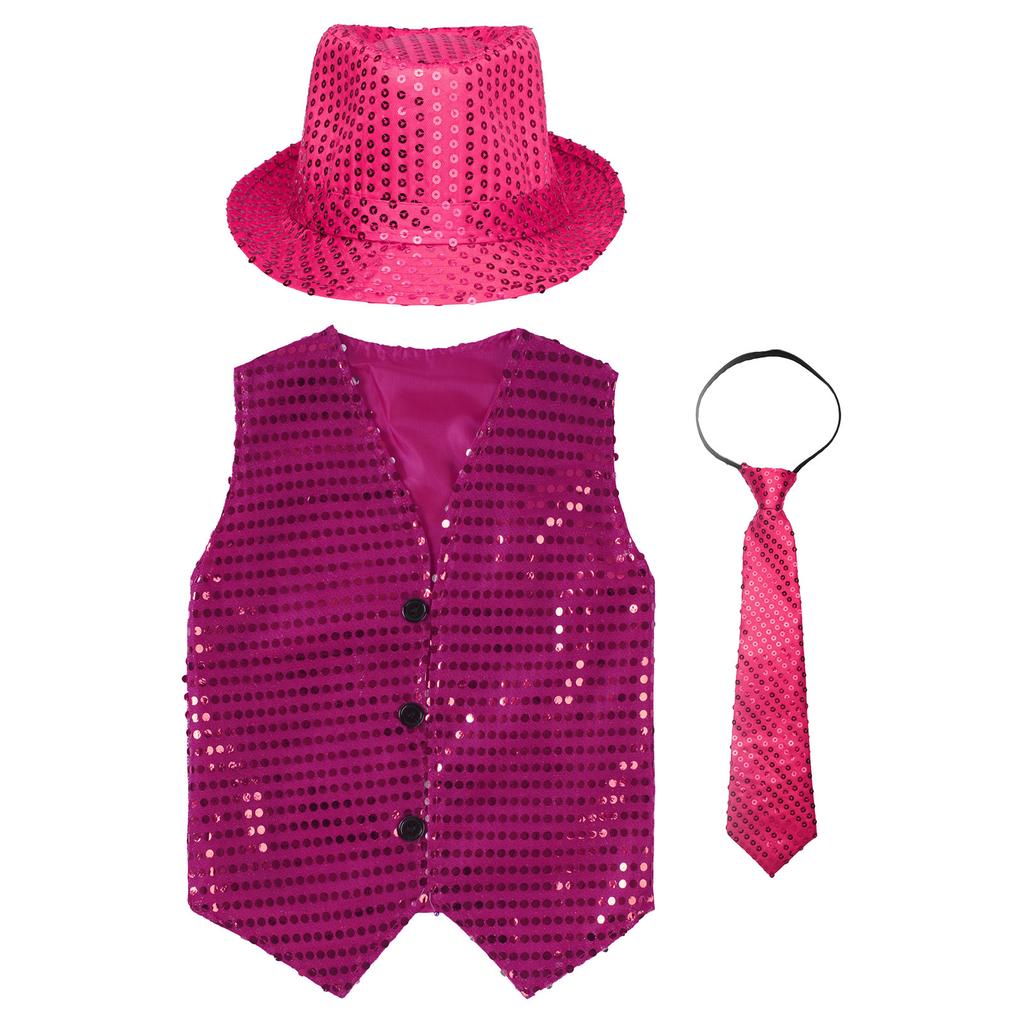 Жилет для джазовых танцев для мальчиков и девочек, без рукавов, с V-образным вырезом, с блестками и пуговицами, подходящая шляпа и галстук для выступлений на сцене