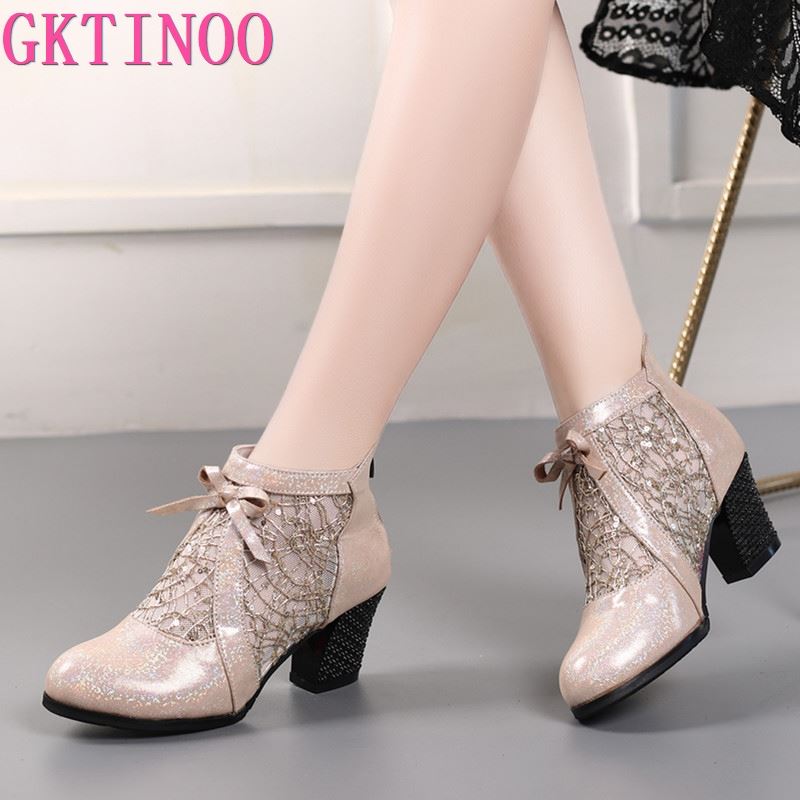 Fashion GKTINOO Fashion Rhinestones Gauze Sandals Summer New Mesh Boots Genuine Leather Women's Shoes Hollow Boots Large Size 40-42