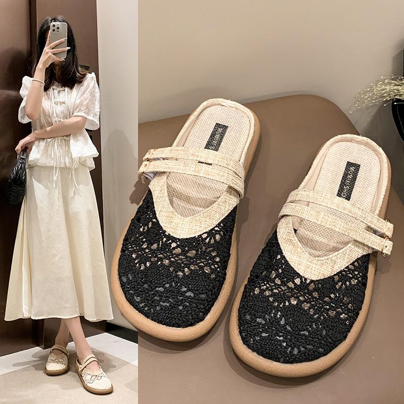 Модные богемные полые сандалии 2025 Новые дышащие тапочки женские Летние льняные ретро сандалии Одношаговые женские одинарные туфли Большой 42