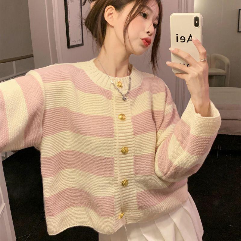 Весна Осень Зима Женский Милый Полосатый Кардиган Вязаный Свитер Пальто в Ленивом Стиле: Свободная универсальная верхняя одежда