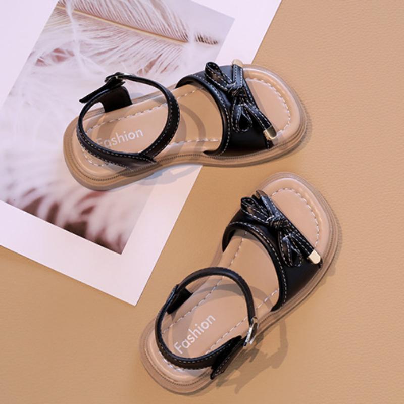 Девочки Сандалии Летние Однотонные Детские Повседневные Принцесса Бант Плоские Сандалии Модные Сандалии с Открытым Носком Детские Школьные Черные Бежевые Сандалии