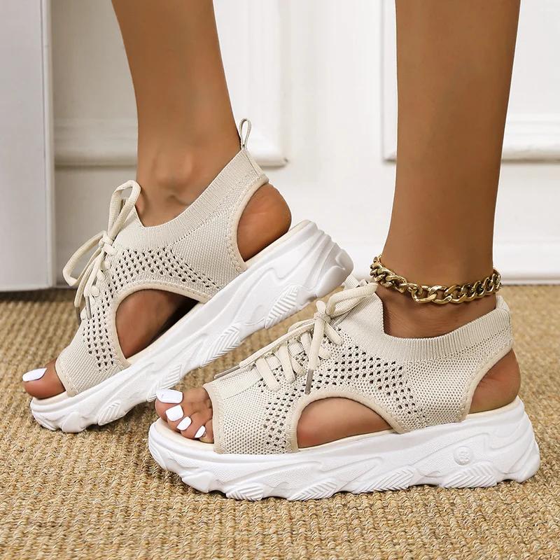 Sandal Women Summer 2024 Casual Platform Shoes Thick-Soled Lace-Up Sandalias Open Toe Beach Shoes for Women Zapatos Mujer