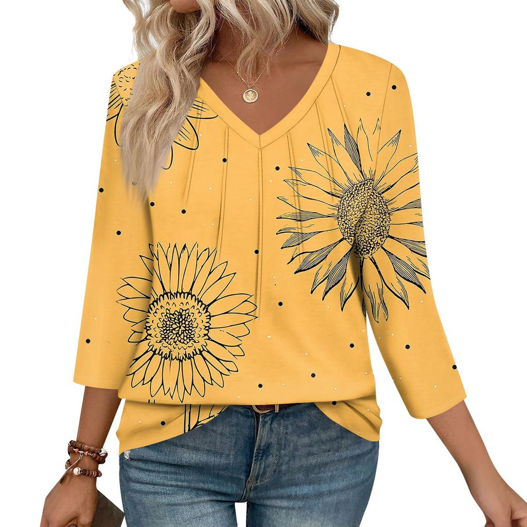 Women's Casual Tops V Neck Pull Stripe Prints Seven Sleeve Tops