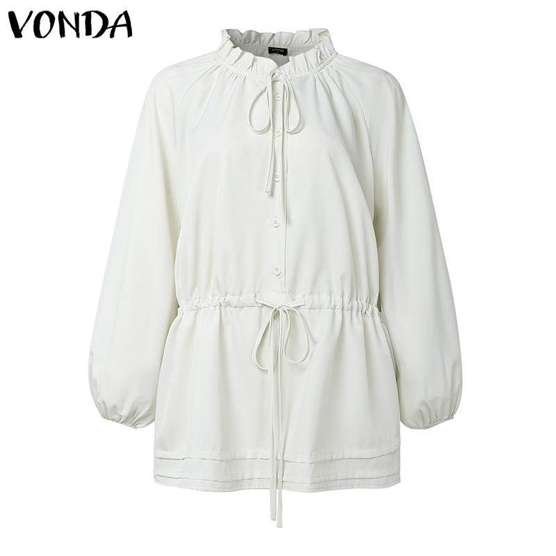 VONDA Женские повседневные блузки-рубашки с воротником-стойкой, однотонные, с длинным рукавом, с кулиской на талии