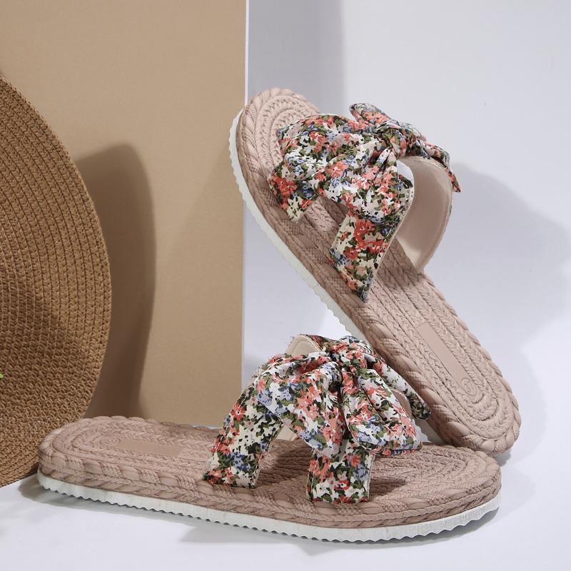 Модные летние женские тапочки 2025 Высокое качество Универсальная мода Женская обувь Повседневный бант Открытый носок Плоские тапочки Шлепанцы Женские