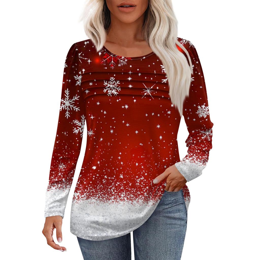 Женская модная повседневная рождественская футболка с круглым вырезом и длинными рукавами