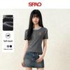Женская приталенная футболка SPAO с контрастной строчкой, воротником-хенли и коротким рукавом в рубчик
