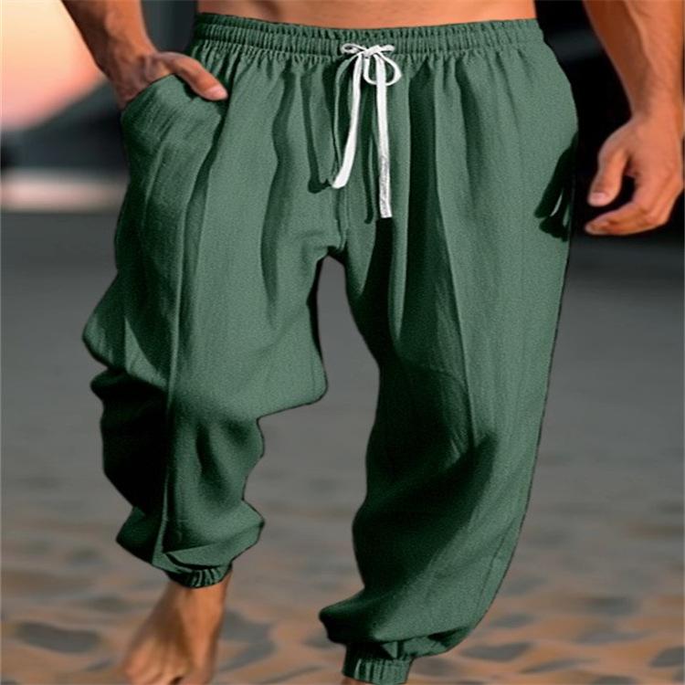 Мужские брюки льняные свободные брюки на шнурке однотонные удобные дышащие повседневные брюки на шнурке