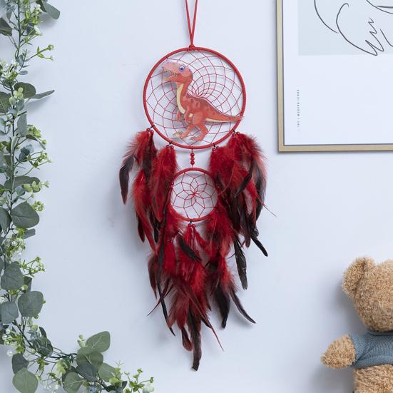 Dinosaur Dream Catcher Ornament Kids Faux LED Light Feather Dream Catcher Handmade Home Decor Birthday Gift