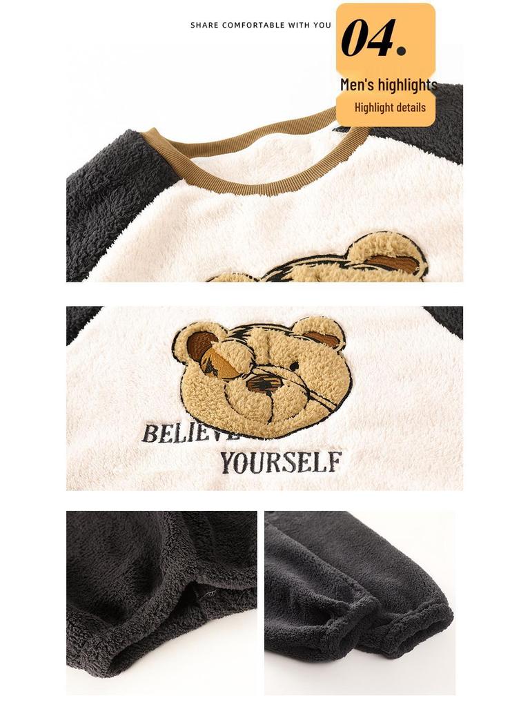 Мужская и женская толстая пижама из кораллового флиса: Теплый вельветовый фланелевый зимний комплект