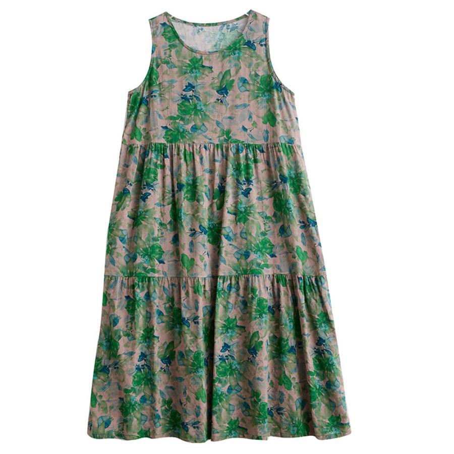 Плюс размер зеленые платья без рукавов с цветочным принтом и круглым вырезом, повседневное хлопково-льняное пляжное длинное платье трапециевидной формы большого размера для женщин