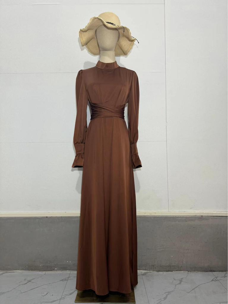 2025 Весна Атласное Элегантное Женское Платье с Длинными Рукавами и Талией