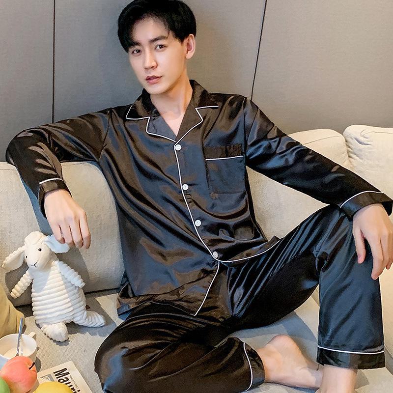 Мужской пижамный комплект с длинным рукавом из ледяного шелка на 2024 год - Легкая весенне-осенняя домашняя одежда