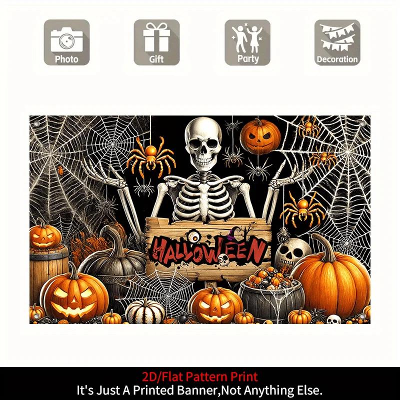 1 item, Halloween banner background decoration, 2D flat skull figure, pumpkin and spider web pattern background wallDJH