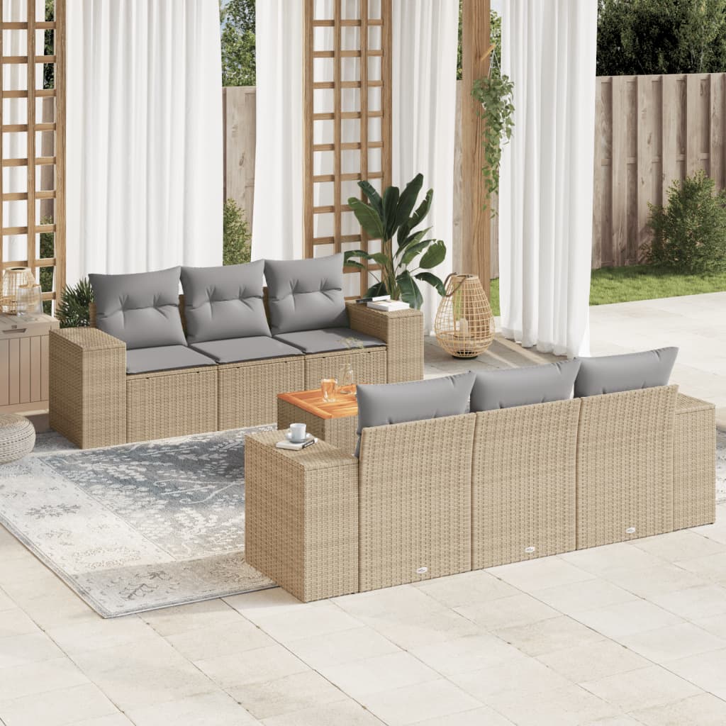7 Piece Beige Garden Sofa Set with Cushions Poly Rattan