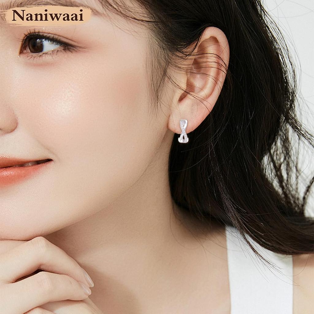 Naniwaai Earrings for High Quality Painless 925 18K Platinum for White Day Women, Popular, Zirconia, Earrings, Silver, Twisted, Hypoallergenic, Gold,