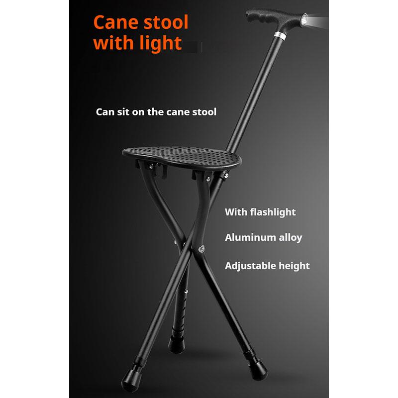 Portable Folding Cane with Seat, LED Light Cane Stool Handy Crutch Chair Seat 3 Legs Height Adjustable Thick Aluminum Walking Stick for Elderly