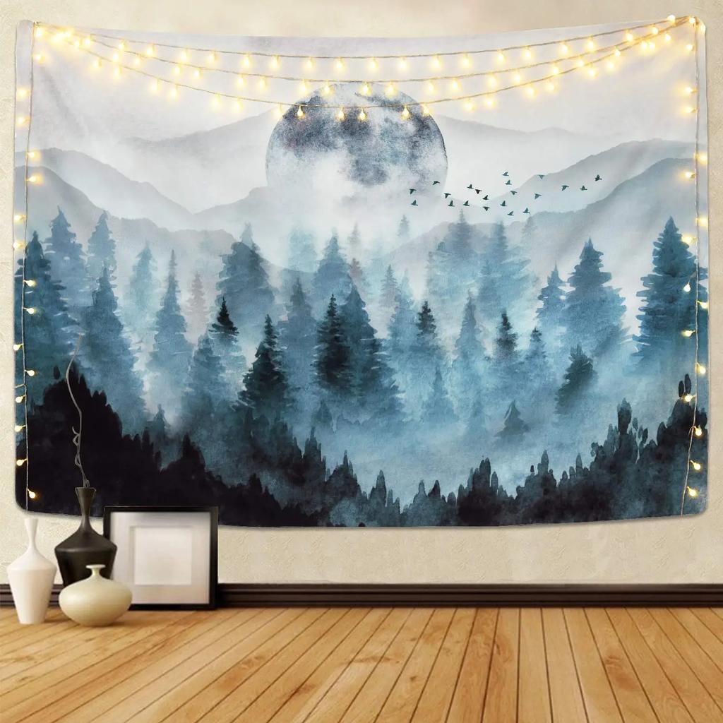 VIKAMA Misty Forest Tapestry Gradient Blue Pine Forest Nordic Minimalist Style Living Room Room Decoration