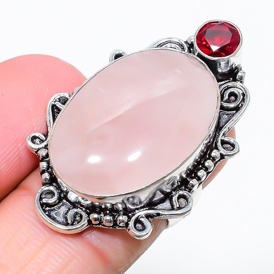 Rose Quartz, Garnet Gemstone 925 Silver Jewelry Ring Size 6