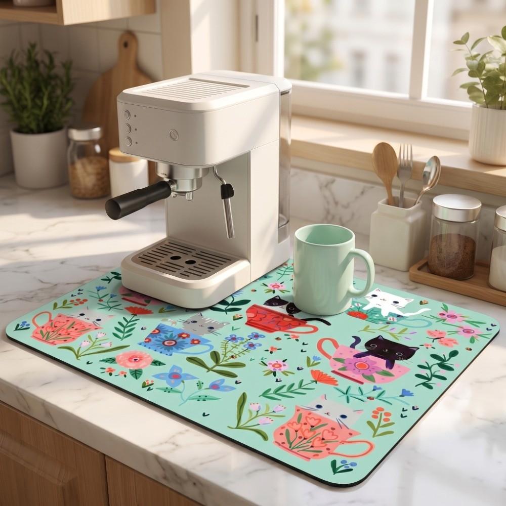 Sweet Kitchen Mat Cat Floral Dish Drying Mat Household Coffee Machine Mat Coffee Bar