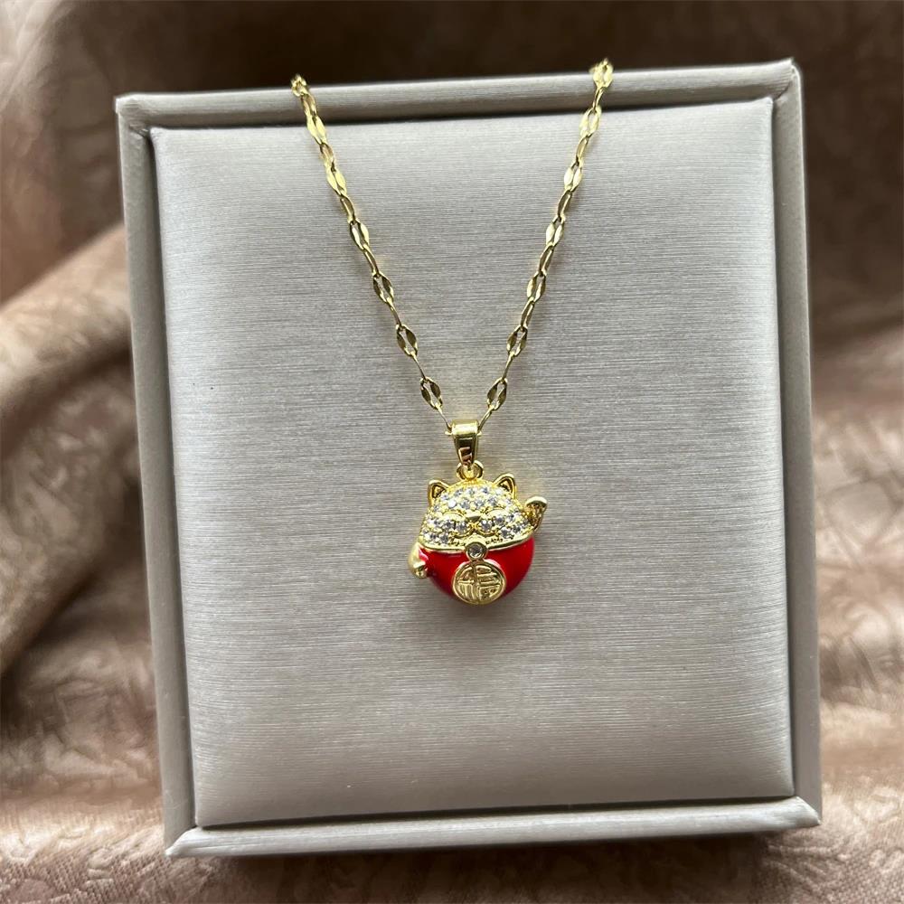 Crystal Animal Cat Red Enamel Pendant Necklace for Women Kitten Stainless Steel Lucky Jewelry Birthday Mother Day Gift Wholesale