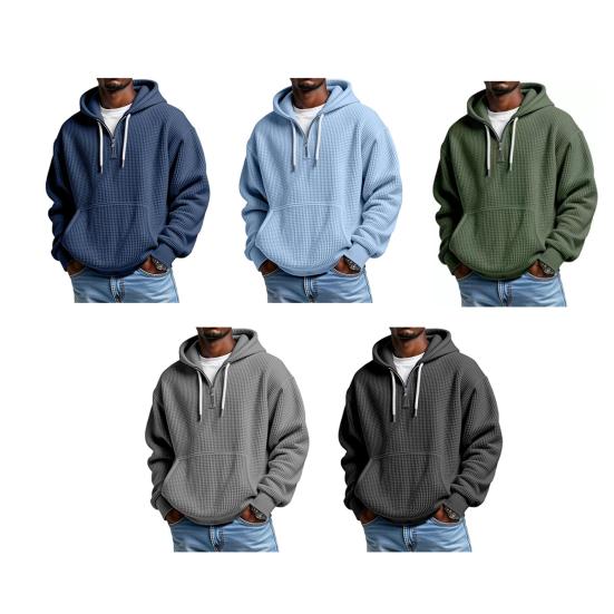 Мужской свитшот с вафельной текстурой, худи, однотонный, пуловер на молнии 1/4 с передним карманом, осенне-зимний, повседневный, свободного кроя, спортивный топ
