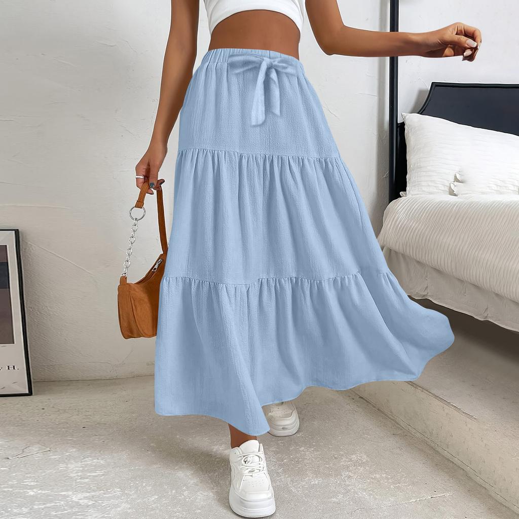 Women's Ruffled Spring Casual Long Skirt Plain Color Skirt Retro Pleated Skirt