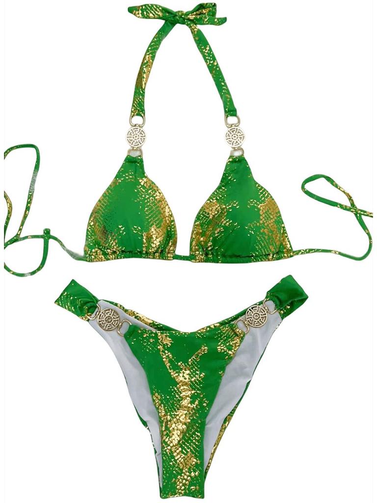 "Европейский и американский купальник бикини из змеиной кожи с золотыми кристаллами - Трендовая праздничная купальная одежда для женщин"
