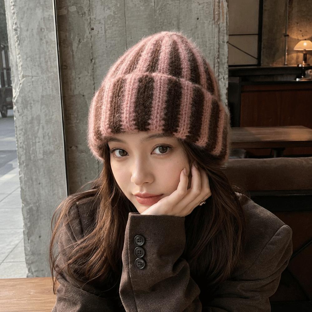 Thick Striped Beanie Hat Color Blocked Warm Hat Fashion Ribbed Knit Cap Gift