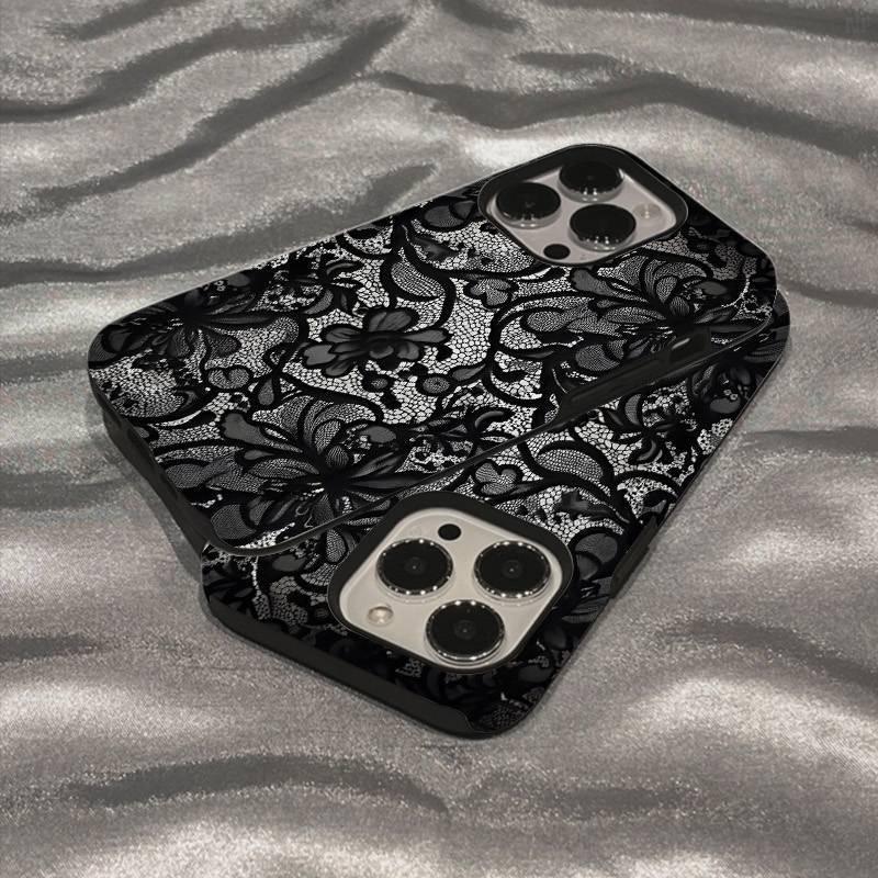 Luxury Black Lace Pattern Phone Case For IPhone 17 16 Pro Max 15 14 Plus 13 12 11 Pro Air Protective Soft Elegant Vintage Cover