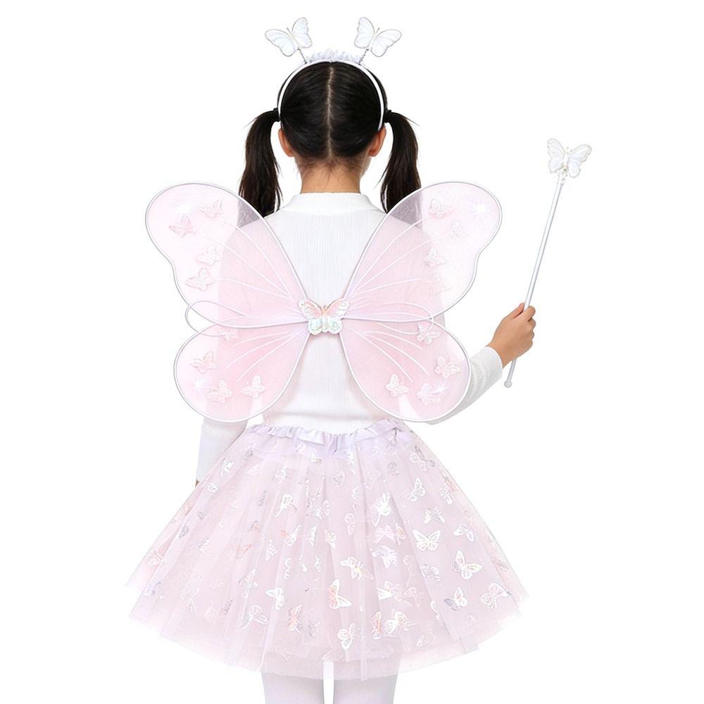 4Pcs/Set Fairy Princess Costume Butterfly Wings Puff Skirt Butterfly Wing Set Tutu Skirt Fairy Wand Fairy Wings