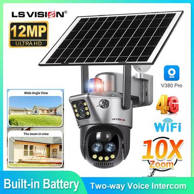 LS VISION Камера с двумя экранами, WIFI или 4G SIM, солнечная камера, 10-кратный зум, уличные камеры с подсветкой и сигнализацией, автоматическое слежение, PTZ CCTV камеры, IP66