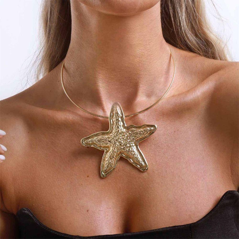 Charm Starfish Pendant Metal Choker Silver Gold Jewelry Simple Geometric Circular Collar Women