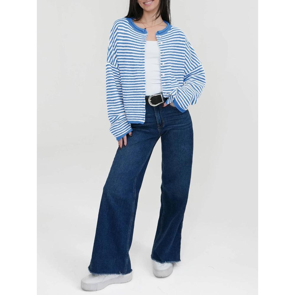 Autumn and Winter Long Sleeved Casual Cardigan Striped Contrasting Sweaters