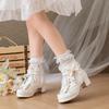 Size 28-43 Girls Boots Women Lace Up Square Heel Platform Ankle Boots Sweet Bow Ruffles Girls Princess Cosplay Pink Lolita Shoes