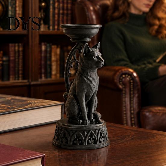 Ретро Статуэтка для Домашнего Декора 3D Печатная Кошка Светодиодный Подсвечник, Готический Электронный Держатель, Смола Винтажный Настольный Темный Эстетический Аксессуар Украшение Декор,