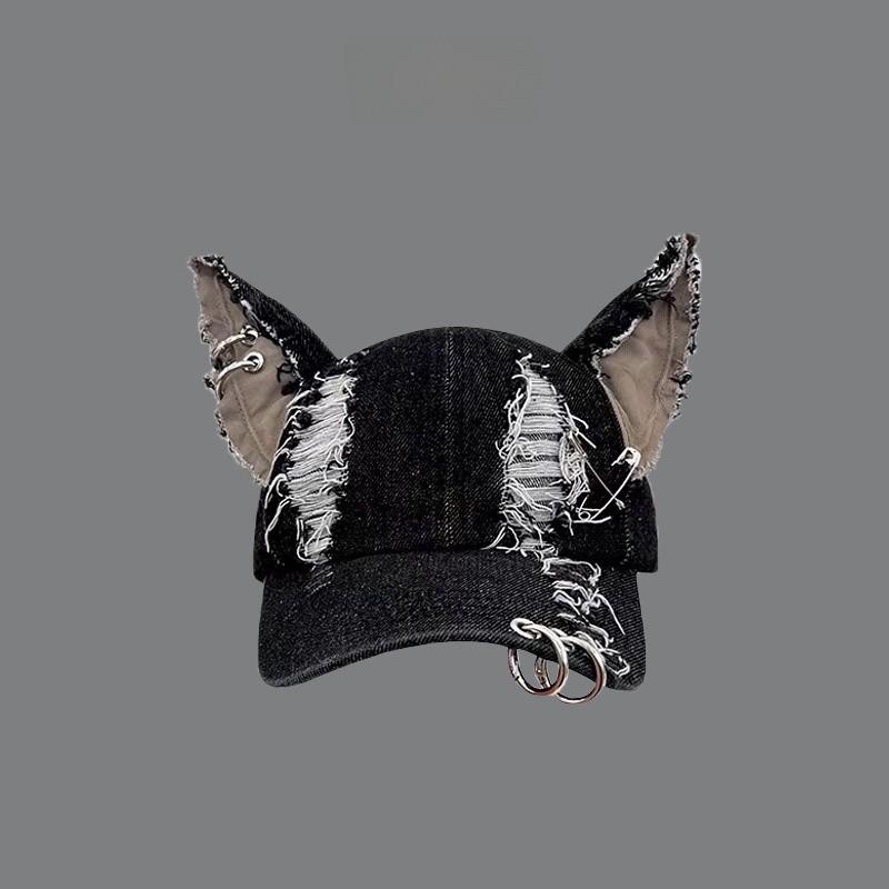 Y2k Postapocalyptic Style Denim Distressed Cap With Sun Protection For Streetwear Enthusiasts