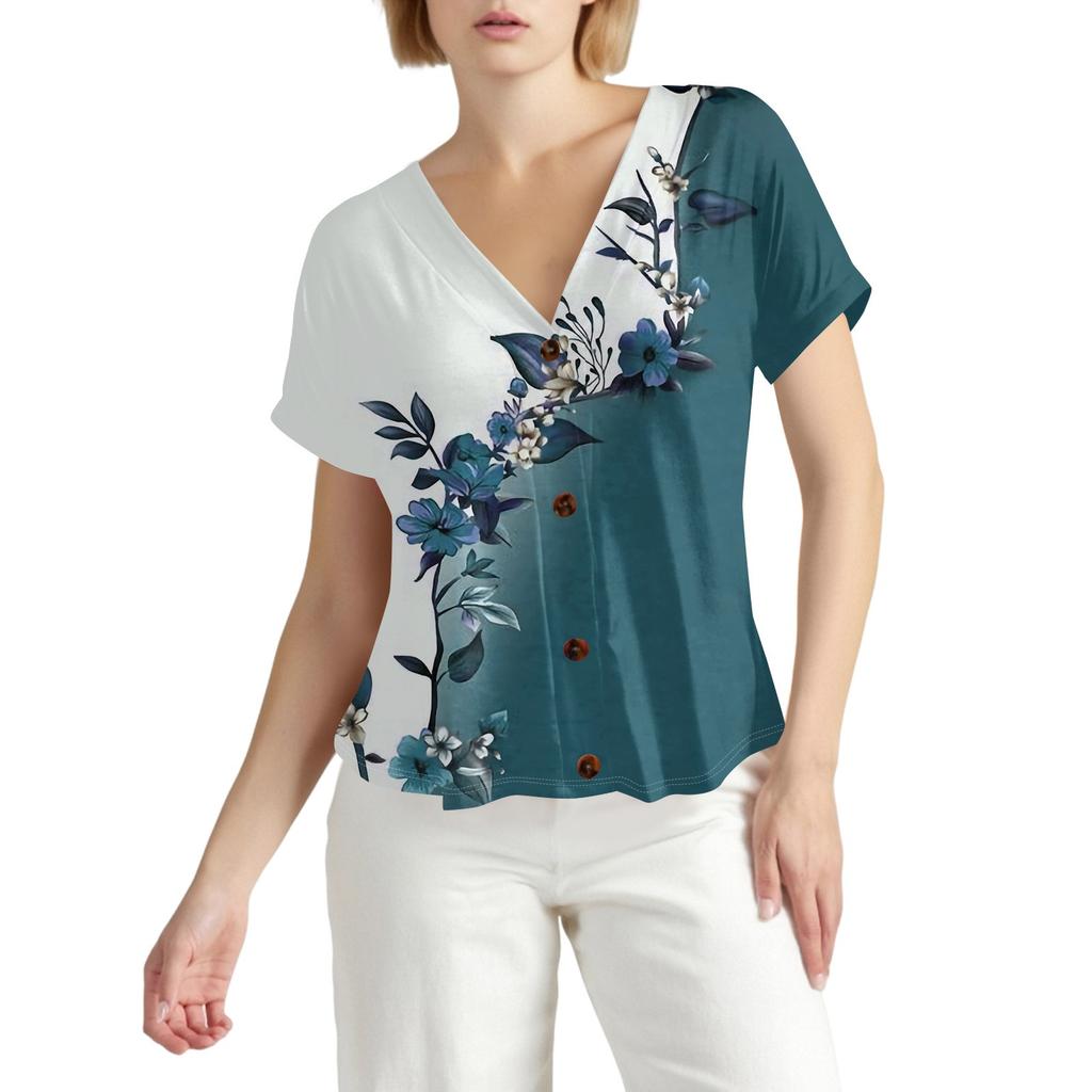 Женская модная повседневная футболка с короткими рукавами и V-образным вырезом, цветочным принтом и застежкой на пуговицы