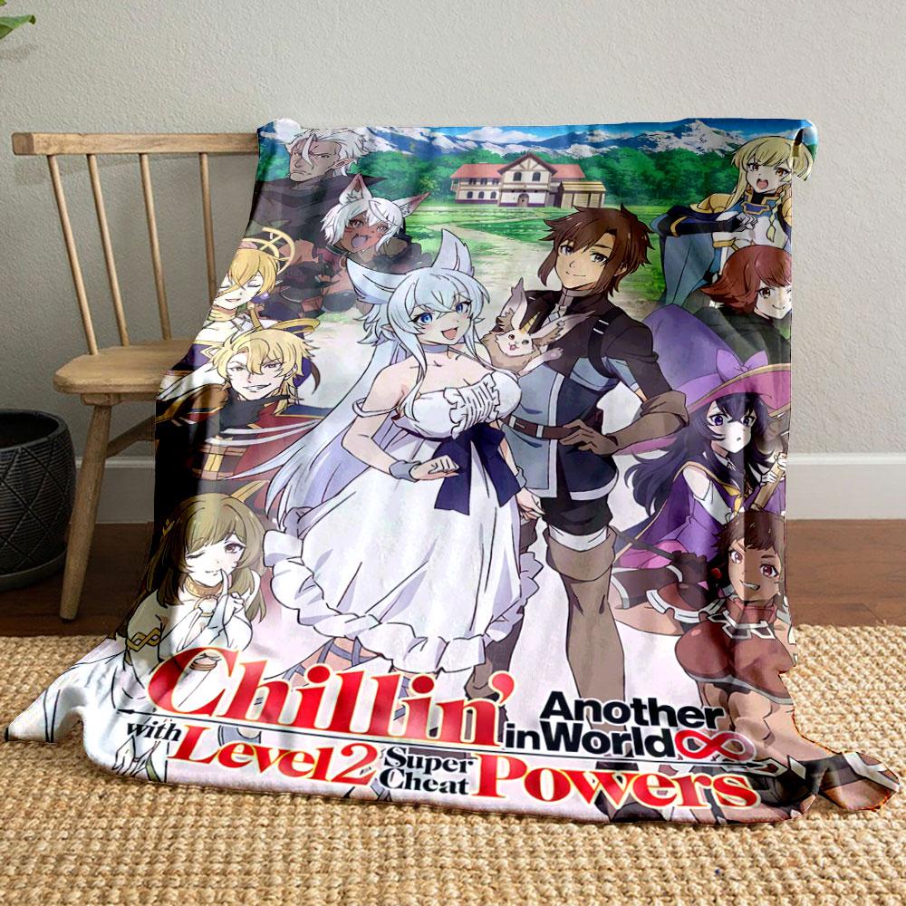 Fantasy characters gathered in front of a house with a scenic mountain view. for all seasons blanket lunch break throw gift
