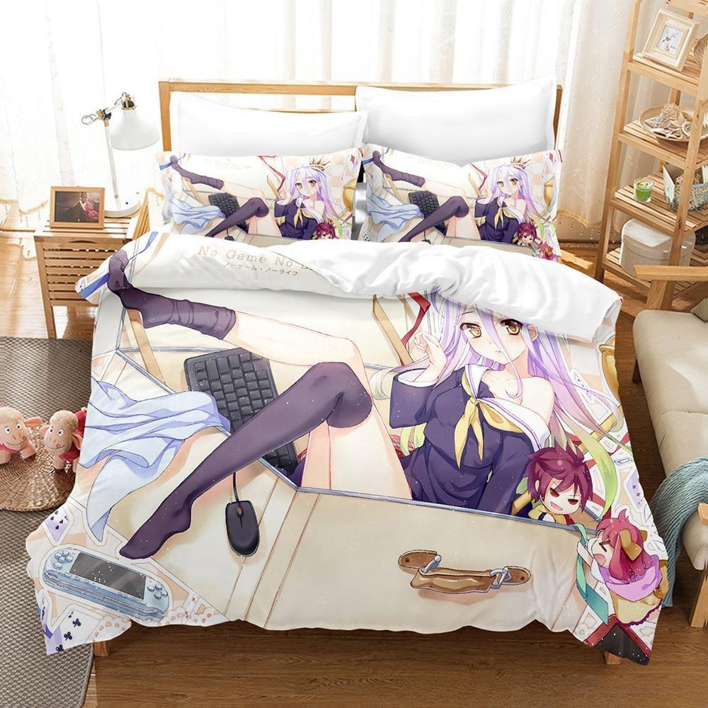 New 3D Printing Kawaii Girls Bedding No Game No Life Bedding Set Cartoon Anime Three-piece Set Adult Kid Bedroom Duvetcover Sets
