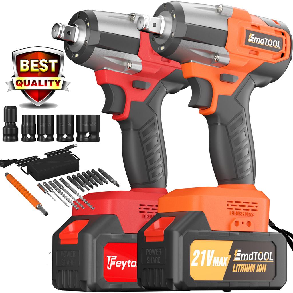 1800NM Cordless Electric Impact Wrench Power Tool 21V Brushless Electric Wrench Hand Drill with 4pcs Sockets and Bits Set 1/2"