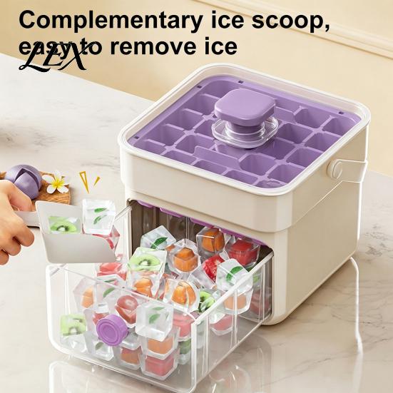Odor Resistant Ice Tray 2-In-1 Tray, Maker And Storage Bin Set, Large Capacity 25-Cell Dust-proof One-Click Easy Release Cube Maker, for Camping