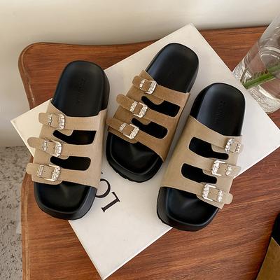 Шлепанцы из натуральной кожи женские новые летние универсальные шлепанцы на толстой подошве с ремешком и пряжкой, крутые шлепанцы