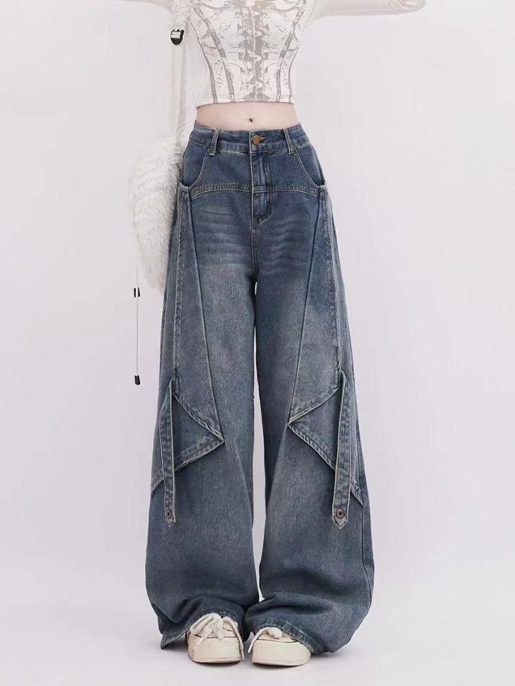 American Retro Button Tooling Jeans Women Spring High Waist Loose Drape Wide-leg Pants